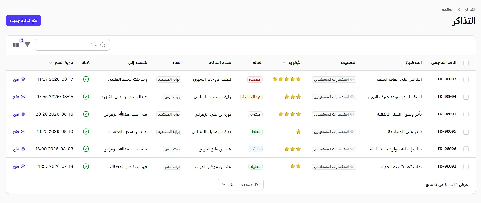 تذاكر الدعم